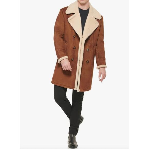 Guess Men's Warm Faux Shearling Overcoat Double Breasted Preppy Minimalist XL - Picture 1 of 9